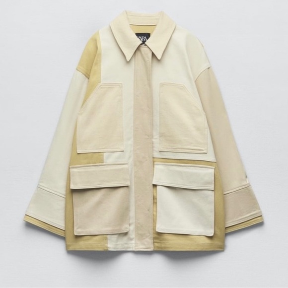 Zara Gabardine olive Cream Textured Jacket M - Picture 4 of 14